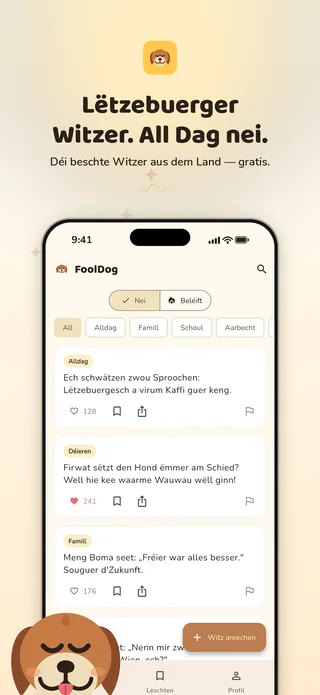 Marketing-Bild: de Witzer-Feed mat der Headline „Lëtzebuerger Witzer. All Dag nei.“