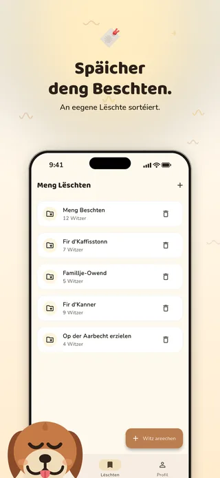 Marketing-Bild: Lëschten mat der Headline „Späicher deng Beschten.“