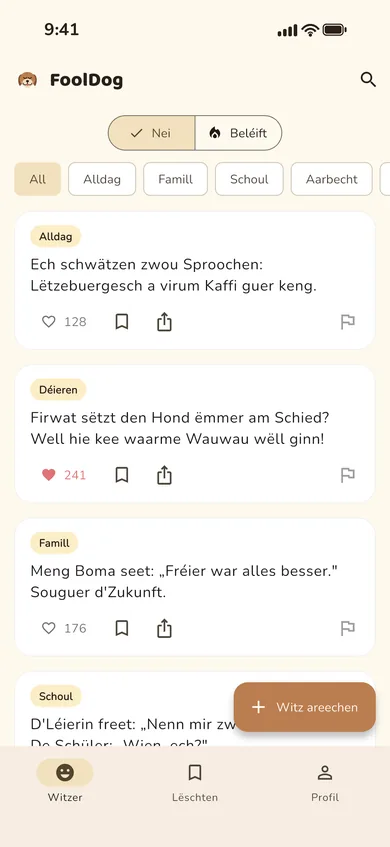 De Witzer-Feed vun der FoolDog-App mat Kategorie-Filteren a Witzer-Kaarten.