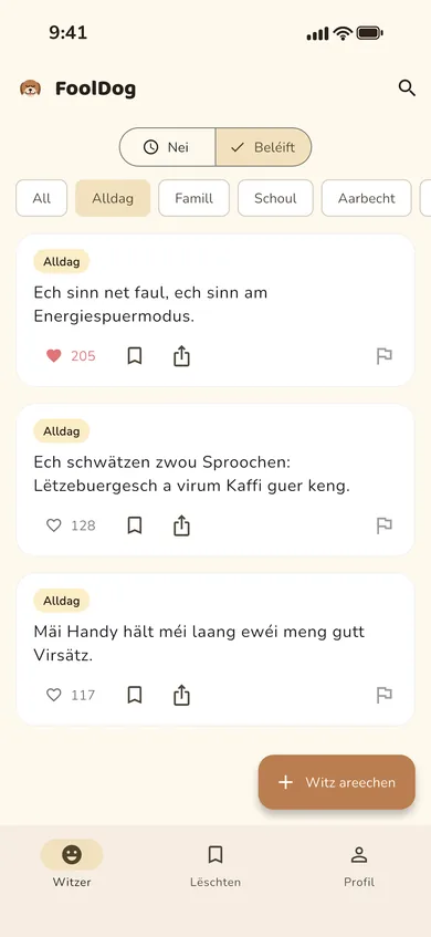 Kategorie-Filteren am Feed, d'Kategorie „Alldag“ ass ausgewielt.