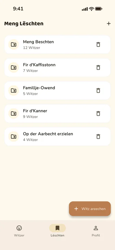 D'Vue „Lëschten“ mat perséinlech ugeluechte Witzer-Lëschten.