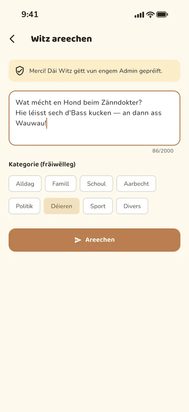 D'Formulaire fir e Witz anzereechen, mat Textfeld a Kategorie-Wiel.